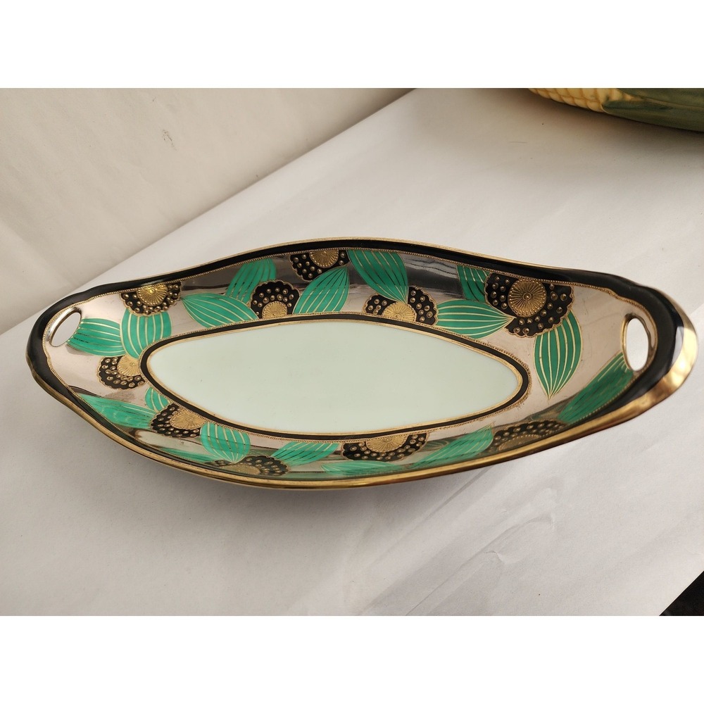 Vintage Noritake Art Deco Celery Dish Hand Painted Green Gold Floral Tray Japan